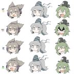  3girls :d ahoge akikaze_cp anger_vein bangs black_headwear brown_eyes brown_hair closed_mouth earmuffs expressions eyebrows_visible_through_hair fang green_eyes green_hair grey_eyes grey_hair hat mononobe_no_futo multiple_girls open_mouth pointy_hair ponytail shaded_face simple_background smile soga_no_tojiko tate_eboshi tears touhou toyosatomimi_no_miko translation_request v-shaped_eyebrows white_background 