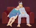  absurd_res anthro asgore_dreemurr barefoot beard blonde_hair boss_monster bovid caprine clothing diaper duo eyes_closed facial_hair feet female furniture hair hi_res horn leaning_on_another long_ears male mammal pain_fanatic pajamas simple_background sleeping slightly_chubby sofa toriel undertale undertale_(series) video_games 