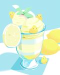  artist_name blue_background chai_(drawingchisanne) cup dew_drop food food_focus fruit garnish ice_cream lemon lemon_slice no_humans original shadow sweets_bird water_drop 