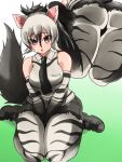  1girl aardwolf_(kemono_friends) aardwolf_ears aardwolf_girl aardwolf_print aardwolf_tail animal_ears animal_print ass ass_press bangs bare_shoulders between_legs black_hair black_necktie black_shorts blush breast_pocket breasts collared_shirt commentary_request cutoffs elbow_gloves eyebrows_visible_through_hair from_below furrowed_brow gloves grey_eyes grey_hair hand_between_legs highleg highres isna_(footprintsofisna) kemono_friends large_breasts legwear_under_shorts long_bangs long_hair looking_at_viewer multicolored_hair multiple_views necktie pantyhose parted_lips pocket print_gloves print_legwear print_shirt shirt shoes short_shorts shorts sitting sleeveless sleeveless_shirt sweat tail thighs two-tone_hair v_arms wariza wing_collar 