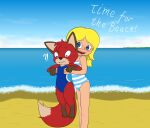  absurd_res beach blue_eyes canid canine clothing duo fangs female female/female feral fluffy fluffy_tail fox fur hi_res human jungledyret_hugo mammal multicolored_body multicolored_fur pixeline_(character) pixeline_(series) rita_(jungledyret) seaside swimwear text whitebats young 