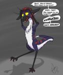  2017 absurd_res after_transformation anthro dialogue english_text fangs fur hair hi_res looking_down male mammal on_one_leg open_mouth out-of-placers purple_body purple_fur red_hair solo standing tersethra text webcomic white_body white_fur yellow_sclera yinglet 