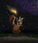  2020 accessory anthro bell brown_hair brown_robe digital_media_(artwork) eyes_closed female foximus_maximus furgonomics hair hi_res holding_object holding_torch hood mammal night on_one_leg out-of-placers outside sesra smile solo standing star tail_accessory tail_bell torch valsalia webcomic yinglet 