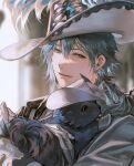  alternate_costume blue_hair dog dramatical_murder everydaysleep hat_feather highres long_hair long_sleeves looking_at_viewer low_ponytail male_focus parted_lips ren_(dramatical_murder) seragaki_aoba smile white_headwear yellow_eyes 