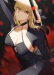  1girl absurdres arm_up artoria_pendragon_(fate) black_choker black_dress blonde_hair blood blood_splatter braid breasts choker cleavage detached_sleeves dress excalibur_morgan_(fate) fate/stay_night fate_(series) hair_ribbon highres holding holding_weapon large_breasts long_dress looking_at_viewer orange_eyes parted_lips puffy_sleeves ribbon rororo saber_alter serious sidelocks solo sword weapon 