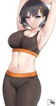  1girl absurdres armpits arms_up black_hair blue_eyes dynorz eyebrows_visible_through_hair hair_ornament highres leggings mole mole_under_eye navel nijisanji nijisanji_id short_hair simple_background siska_leontyne solo sports_bra sweat 