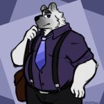  2021 absurd_res anthro belly big_belly black_nose bottomwear clothing hi_res humanoid_hands male mammal necktie orbitpaws overweight overweight_male pants polar_bear shirt simple_background solo suspenders topwear ursid ursine white_body 