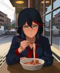  1girl absurdres car closed_mouth food ground_vehicle highres kill_la_kill lem looking_at_viewer matoi_ryuuko motor_vehicle multicolored_hair noodles outdoors pov red_hair table window 