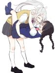  2girls arms_around_neck arms_behind_back black_hair bow carrying carrying_person chigofumi closed_eyes commentary_request height_difference higuchi_kaede holding holding_person leg_lock multiple_girls nijisanji no_shoes purple_eyes school_uniform smile tagme tsukino_mito virtual_youtuber white_bow yuri 