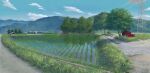  absurdres aoikanata89 blue_sky building ground_vehicle highres hill no_humans original outdoors path power_lines rice_paddy scenery sky summer transmission_tower tree 