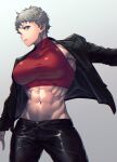  1girl abs absurdres bangs black_jacket black_pants blue_eyes breasts collarbone commentary_request cowboy_shot crop_top ear_piercing earrings grey_hair highres jacket jewelry leather leather_jacket long_sleeves looking_at_viewer medium_breasts midriff mikel_(4hands) muscular muscular_female navel obliques open_clothes open_jacket original outstretched_arm pants parted_lips piercing profile red_shirt shirt short_hair sidelocks simple_background sleeveless sleeveless_shirt solo standing taut_clothes taut_shirt white_background 