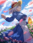  1girl apron artist_name bangs blue_dress blue_eyes blue_sleeves blurry blurry_foreground breasts cloud commentary_request curled_fingers dated dress fire flower hand_up hat holding howl_no_ugoku_shiro looking_at_viewer medium_hair open_mouth outdoors parted_lips petals pointy_nose rock shadow shiro_(user_wegy5455) sky solo sophie_(howl_no_ugoku_shiro) spirit standing sun_hat white_apron white_hair 