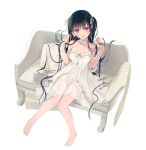 1girl absurdres bare_shoulders barefoot bell black_hair blanket blush book breasts chemise choker cleavage collarbone couch dress eyebrows_visible_through_hair frilled_choker frilled_dress frills full_body hair_over_shoulder hair_ribbon hands_in_hair highres humuyun key keyring long_hair looking_at_viewer navel on_couch open_mouth original patterned_clothing pillow red_eyes ribbon see-through see-through_dress short_sleeves simple_background sitting small_breasts smile solo strapless strapless_dress symbol-only_commentary twintails white_background white_dress 