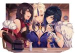  3girls :d absurdres alcohol anger_vein aqua_eyes bangs bare_shoulders beidou_(genshin_impact) black_gloves blue_dress blue_hair blush border bottle breasts commentary cup dress drinking_glass drunk fingerless_gloves genshin_impact gloves highres ice ice_cube large_breasts looking_at_another multiple_girls ningguang_(genshin_impact) ningguang_(orchid&#039;s_evening_gown)_(genshin_impact) open_mouth parted_lips pnatsu red_eyes sake_bottle smile table upper_body white_border white_gloves white_hair wooden_cup yelan_(genshin_impact) 