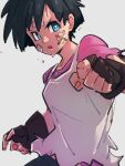  1girl bandaid bandaid_on_face black_gloves black_hair blue_eyes dragon_ball dragon_ball_z fingerless_gloves gloves grey_background kemachiku looking_at_viewer open_mouth short_hair simple_background solo torn_clothes videl 
