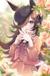  1girl :d absurdres animal_ears blurry blurry_background blurry_foreground brown_hair day depth_of_field flower hair_over_one_eye haruki_(colorful_macaron) hat highres horse_ears horse_tail long_hair long_sleeves looking_at_viewer outdoors pink_flower pink_rose purple_eyes rice_shower_(umamusume) rose shirt smile solo steepled_fingers striped tail umamusume 