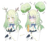  1girl alternate_breast_size antlers bangs blue_ribbon braid braided_bangs branch breast_reduction breasts ceres_fauna cleavage cleavage_cutout clothing_cutout fake_antlers flat_chest flower fuyouchu green_hair hair_flower hair_ornament hololive hololive_english large_breasts long_hair looking_at_viewer ribbon tree turn_pale twitter_username upper_body virtual_youtuber white_background yellow_eyes 