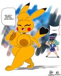  absurd_res anthro anthrofied big_breasts blue_clothing breasts clothing cuadra_side dialogue duo female green_hair hair head_tuft hi_res human kanna_(joaoppereiraus) mammal nintendo nipples nude officer_jenny pikachu pok&eacute;mon pok&eacute;mon_(species) police red_cheeks thick_thighs tuft video_games yellow_body 