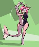  2022 anthro aygee breasts clothing digital_media_(artwork) female fish green_background hair hand_on_foot hi_res marine on_one_leg one-piece_swimsuit pink_body pink_eyes pink_hair shark sharp_teeth simple_background smile solo standing swimwear teeth 