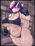  anthro areola band-aid band-aid_on_nose bandage biceps big_breasts biped blue_clothing blue_hair boxing_gloves bra breasts canid canine canis cleavage clothed clothing collar colored conditional_dnp curled_tail dark_clothing digital_media_(artwork) domestic_dog ear_piercing english_text female fighting_pose fighting_ring fluffy fluffy_tail fur green_eyes hair handwear hi_res horn huge_breasts huge_nipples husky hybrid inner_ear_fluff mammal messy_hair multicolored_hair muscular muscular_anthro muscular_female navel nipples nordic_sled_dog panties piercing pink_areola pink_hair pink_nose portrait pose short_hair skimpy smile snout solo spitz standing text thick_thighs three-quarter_portrait tomboy tuft under_boob underwear white_body white_fur white_horn white_tail wide_hips wynter wyntersun 