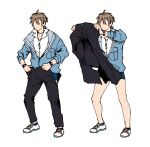  1boy black_pants blue_jacket eiden_(nu_carnival) jacket jewelry light_brown_hair long_sleeves lumbbyz male_focus meme necklace nu_carnival pants short_hair standing undressing 