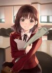  1girl blazer blush briefcase brown_eyes brown_hair dress_shirt holding holding_briefcase holding_map indoors jacket looking_at_viewer map original pleated_skirt school_uniform shirt skirt smile solo standing uniform unya_(unya-unya) 