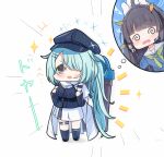  2girls :d @_@ animal_ears aqua_eyes bangs black_hair blue_archive blunt_bangs cabbie_hat cape carrying chibi commentary_request eyebrows_visible_through_hair fake_animal_ears full_body grey_eyes hair_ornament hair_over_one_eye hairclip hat headset highres hiyori_(blue_archive) leaf leaf_on_head long_hair long_sleeves miyu_(blue_archive) multiple_girls osakilo piggyback rabbit_ears recycle_bin school_uniform serafuku side_ponytail sidelocks simple_background smile sparkle spoken_character standing thought_bubble translation_request v-shaped_eyebrows white_background white_cape 