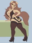  3:4 anthro big_breasts black_high_heels breasts brown_body brown_eyes brown_hair butt canid canine canis clothing domestic_dog female general-irrelevant hair hand_on_hip hi_res legwear looking_at_viewer mammal ribbons simple_background smile solo thigh_highs 