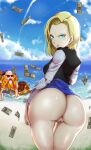 1girl absurdres android_18 arm_at_side ass ass_focus black_shirt blonde_hair blue_eyes blue_sky bottomless breasts cloud cloudy_sky commission curvy dragon_ball dragon_ball_z earrings from_behind grass grin hair_behind_ear highres huge_ass jewelry long_sleeves looking_at_viewer looking_back medium_breasts money muten_roushi no_panties no_pants ocean pussy sand shirt short_hair sky sleeves_past_wrists smile smirk thick_thighs thigh_gap thighs uncensored water wet wide_hips 