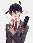  1boy :o animal_ears dog dog_ears food formal green_eyes grey_suit heart highres holding holding_food ice_cream_cone kenmochi_touya long_sleeves male_focus naluse_flow necktie nijisanji red_necktie short_hair solo suit upper_body virtual_youtuber white_background 