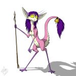 2018 accessory anthro bell breasts digital_media_(artwork) female fur furgonomics hair hi_res holding_object holding_spear holding_weapon mammal melee_weapon out-of-placers pink_body pink_fur polearm purple_hair simple_background smile solo spear standing tail_accessory tail_bell tersethra weapon webcomic white_background yinglet 