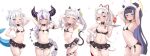  5girls ;d absurdres animal_ears apron arm_garter armpits arms_behind_head arms_up bangs bikini black_bikini black_bow black_bowtie black_skirt blue_eyes blunt_bangs blush bow bowtie braid braided_bangs breasts cat_ears cat_tail choker cleavage cocozasa collar commentary commentary_request cowboy_shot demon_horns drink eyebrows_visible_through_hair fang fish_tail flat_chest frilled_collar frills gawr_gura gradient_hair grin hair_bow hair_ribbon halo hand_on_hip hands_up highres holding hololive hololive_english horns la+_darknesss long_hair looking_at_viewer maid maid_apron maid_bikini maid_headdress micro_bikini miniskirt mole mole_under_eye multicolored_hair multiple_girls murasaki_shion nakiri_ayame narrow_waist navel ninomae_ina&#039;nis one_eye_closed oni oni_horns open_mouth orange_hair pointy_ears poyoyo_(nakiri_ayame) purple_hair red_eyes red_hair red_ribbon ribbon ribs shark_tail sidelocks simple_background single_braid skin-covered_horns skindentation skirt small_breasts smile streaked_hair sweatdrop swimsuit tail tail_ornament tail_ribbon tako_(ninomae_ina&#039;nis) tentacle_hair tentacles twintails virtual_youtuber white_background white_hair wrist_cuffs yellow_eyes 