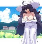  @_@ absurdres black_dress breasts cleavage cosplay dress hairband hasshaku-sama hasshaku-sama_(cosplay) hex_maniac_(pokemon) highres kiteman442 large_breasts long_hair messy_hair pokemon pokemon_(game) pokemon_xy purple_hairband sundress tall_female very_long_hair white_dress 