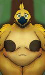  anthro areola avian beak belly belly_markings big_breasts black_beak blurred_background breast_markings breasts brown_areola brown_nipples feather_markings feather_tuft feathers female green_eyes hi_res huge_breasts huge_thighs jewelry looking_at_viewer markings nauiho necklace nintendo nipples plant rehita_(nauiho) rito sagging_breasts scenery simple_background slightly_chubby smile solo the_legend_of_zelda thick_thighs tree tuft video_games winged_arms wings 
