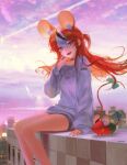  1girl :d absurdres animal_ears artist_name bare_legs black_choker black_hair blue_eyes building choker clothes_writing extra_ears fangs hakos_baelz hand_up handot_(d_yot_) headphones highres hololive hololive_english long_hair looking_at_viewer mouse_ears mouse_girl mouse_tail mr._squeaks_(hakos_baelz) multicolored_hair open_mouth outdoors rat red_hair rooftop shirt short_shorts shorts sitting sitting_on_roof sky smile solo streaked_hair sweater tail virtual_youtuber white_hair white_shirt white_sweater 