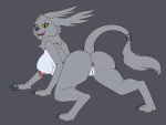  4:3 accessory all_fours anthro anus bandai_namco breasts butt claws digimon digimon_(species) female fur furgonomics gazimon general-irrelevant genitals grey_background grey_body grey_fur looking_at_viewer looking_back looking_back_at_viewer nipples open_mouth pussy rear_view simple_background smile solo tail_accessory tail_tuft tuft yellow_eyes 