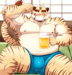  2022 alcohol anthro beer belly beverage big_belly blush bulge clothing felid hi_res humanoid_hands kemono male mammal mohumohudansi musclegut nipples one_eye_closed overweight overweight_male pantherine pink_nose scar sitting solo tiger underwear wink 