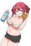  1girl black_shorts bottle bra breasts brown_ribbon cleavage clenched_teeth commentary_request cup grey_bra hair_ribbon heterochromia highres holding holding_bottle holding_cup hololive houshou_marine konboi-eg large_breasts navel red_eyes red_hair ribbon shirogane_noel short_hair shorts smile solo teeth twintails underwear virtual_youtuber yellow_eyes 