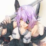  1girl breasts cleavage eyepatch fujii_eishun fur_collar gloves headgear holding holding_sword holding_weapon kantai_collection long_sleeves looking_at_viewer off_shoulder partially_fingerless_gloves purple_hair shirt sitting sleeveless sleeveless_shirt smile solo sword tenryuu_(kancolle) tenryuu_kai_ni_(kancolle) wariza weapon yellow_eyes 