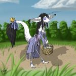  2018 accessory anthro basket bell black_hair breasts clothing container day digital_media_(artwork) dress eavy_(character) female furgonomics grass hair hi_res holding_basket holding_container holding_object mammal out-of-placers outside plant purple_sclera smile solo standing tail_accessory tail_bell tersethra webcomic yinglet 