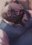  2022 absurd_res anthro belly big_belly black_body black_nose blush canid canine clothing eyewear glasses hair hi_res kemono kokuba_hoeguro male mammal overweight overweight_male shirt solo suro964708 sweater sweater_vest topwear vest virtual_youtuber white_hair 