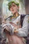  1boy bich_hoan book chain earrings gem gloves green_eyes green_hair highres holding holding_book jewelry long_sleeves looking_at_viewer male_focus navel_piercing nu_carnival olivine_(nu_carnival) open_book parted_lips piercing short_hair white_gloves 