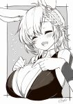  1girl :d animal_ears arknights bangs blush border braid breasts cleavage closed_eyes eyebrows_visible_through_hair facing_viewer grey_background greyscale hair_ribbon heart kasagland kroos_(arknights) kroos_the_keen_glint_(arknights) large_breasts monochrome no_bra open_clothes open_mouth outside_border pointing rabbit_ears ribbon signature simple_background smile solo upper_body white_border wristband 