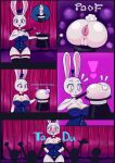  absurd_res anthro anus big_breasts blush bodily_fluids breasts butt clothing comic crowd curtains embarrassed exclamation_point female genitals group hi_res huge_breasts lagomorph leotard leporid magic magician mammal nebssik pussy rabbit sweat 
