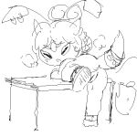  aisha_(neopets) bronzecatworld ear_piercing female feral furniture genitals hair jumpstart_games lady_osiri looking_back low_res monochrome neopet_(species) neopets piercing pussy sketch solo table video_games 