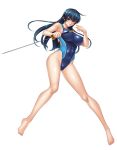  1girl bangs bare_legs bare_shoulders barefoot blue_hair breasts closed_mouth commentary_request competition_swimsuit covered_navel covered_nipples fingernails full_body green_eyes highres holding holding_sword holding_weapon igawa_asagi kagami_hirotaka large_breasts long_hair looking_at_viewer official_art one-piece_swimsuit parted_lips reverse_grip revision shiny shiny_clothes shiny_skin simple_background solo swimsuit sword taimanin_(series) taimanin_asagi thighs weapon white_background 