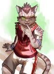  2022 5_fingers anthro bottomwear clothing deity felid feline fingers fur gradient_background hoodie leopard_cat male mammal nekojishi one_eye_closed prionailurus red_clothing red_hoodie red_topwear shorts shu-chi simple_background soonico studio_klondike topwear video_games visual_novel white_bottomwear white_clothing wink young 