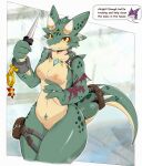  anthro areola breasts dragoon86 female genitals hi_res horn kobold looking_at_viewer nipples nude pussy reptile scalie smile solo text weapon 