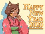  2020 accessory anthro asian_clothing blush bow_ribbon brown_body brown_fur clothing colored_nails cute_eyes cute_fangs domestic_cat east_asian_clothing felid feline felis female flower_dress fur hair hair_accessory hairpin heart_(marking) humanoid japanese_clothing kimono looking_at_viewer lostonezero mammal markings nails ponytail shadow smile solo yellow_eyes yellow_markings yellow_nails 