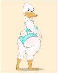  anatid anseriform anthro avian bedroom_eyes big_butt bird bra breasts butt clothing duck female hi_res looking_at_viewer looking_back looking_back_at_viewer narrowed_eyes panties seductive side_boob simple_background solo thick_thighs underwear usnarbit white_body wide_hips yellow_background 